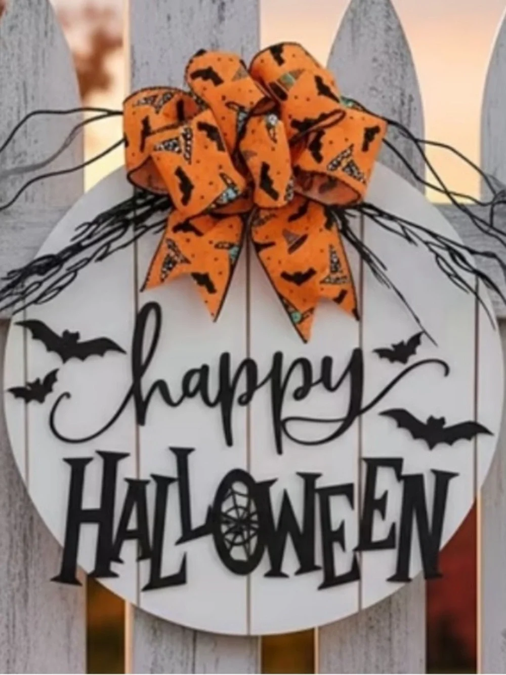 Spooktacular Happy Halloween Round Door Sign with Orange Bat Bow 🦇